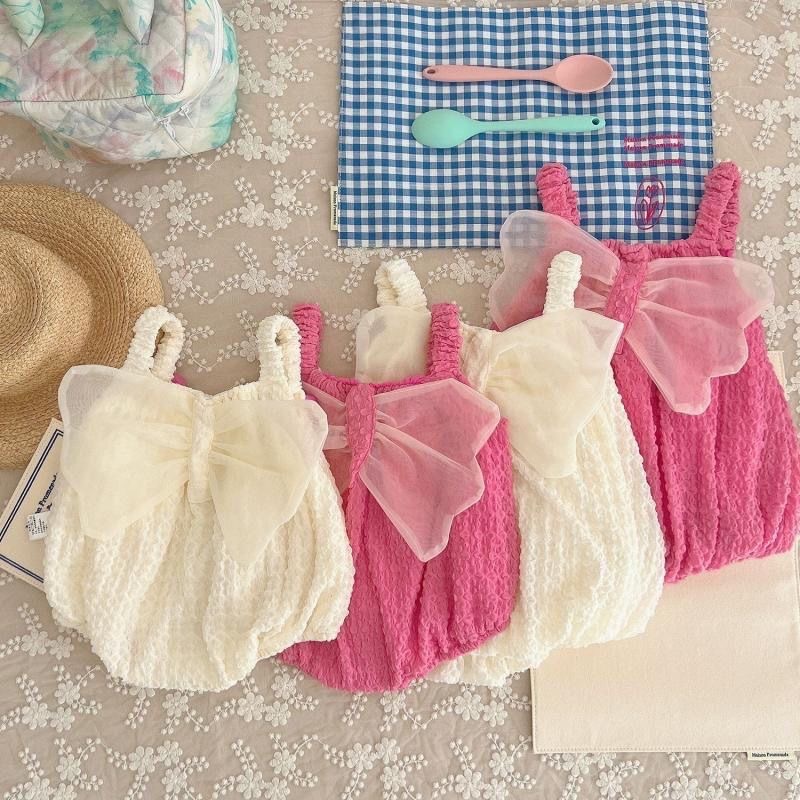 Baby Girl 95% Cotton Chiffon Wrinkle Solid Floral Decro Sleeveless Sling Tank Back Bowknot Sweet Princess Bodysuit