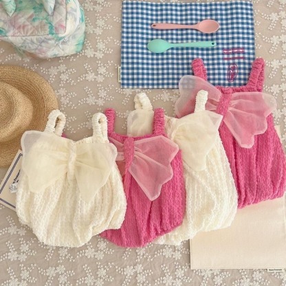 Baby Girl 95% Cotton Chiffon Wrinkle Solid Floral Decro Sleeveless Sling Tank Back Bowknot Sweet Princess Bodysuit