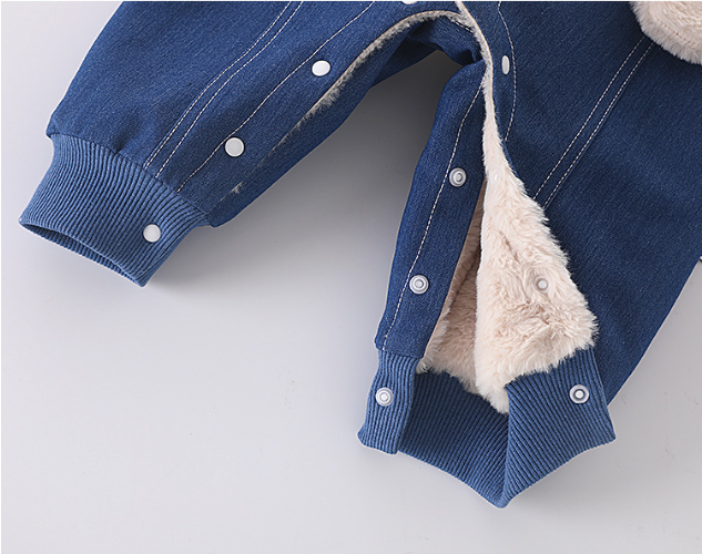 Baby Boy/Girl Winter Thicken Denim Cute Dog Toy Design Solid Color Fluff Long Sleeve Romper-kissminis