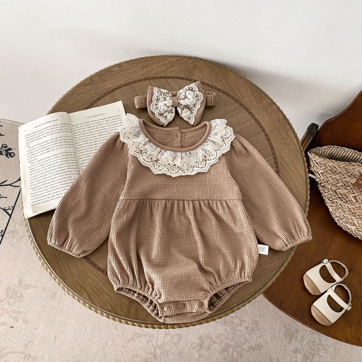 Baby Girl Waffle Lace Solid Color Long Sleeve Bodysuit-kissminis