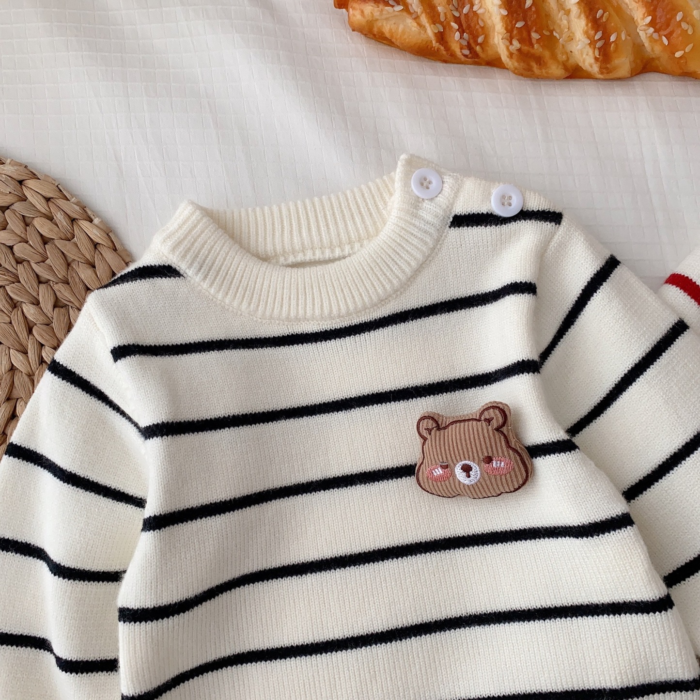 Baby Boy/Girl Cute 3D Bear Solid Color Striped Long Sleeve Romper-kissminis