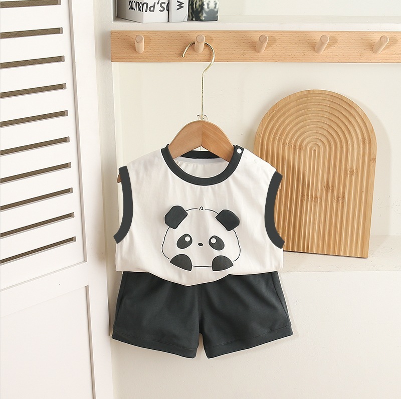Sleeveless White Top with Panda Print and Black Shorts Set