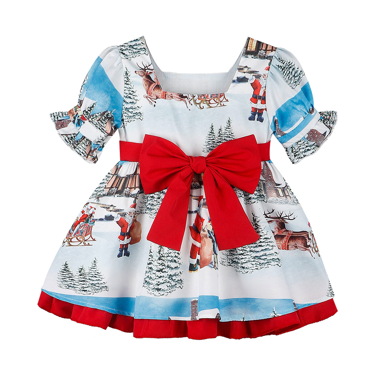 Baby Toddler Girl Christmas Cartoon Print Bowknot Short Sleeve Dress-kissminis