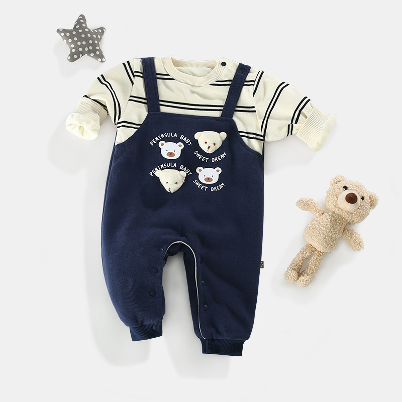 Baby Boy/Girl False Two Piece 3D Bear Print Hidden Greenor Long Sleeve Romper-kissminis