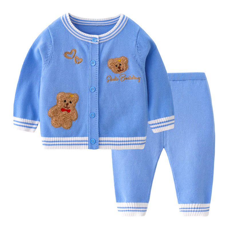 Baby Boy/Girl Ribbed Knit Bear Design Cardigan Sweatshirt with Pants Set-kissminis
