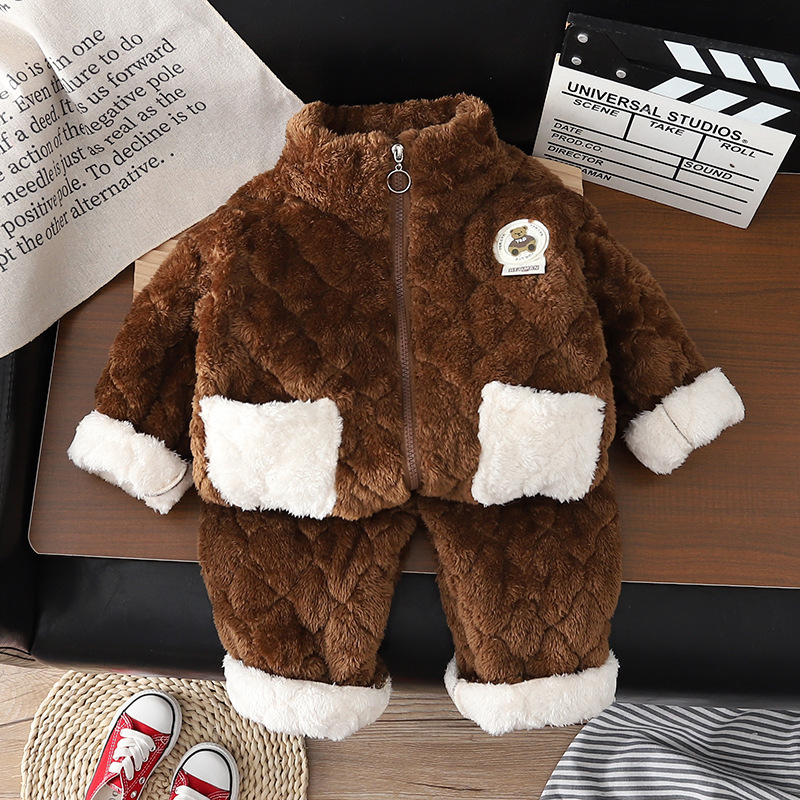 2pcs Baby Boy/Girl Cute Bear Pattern Zipper Plush Pajamas Long Sleeves Sweatshirt and Pants Set-kissminis