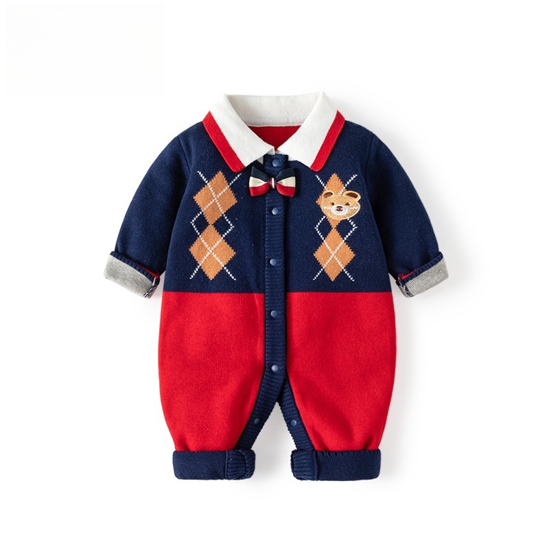 Newborn Baby Boy Cute Plaid Bear Graphic Knitted Long Sleeve Romper-kissminis
