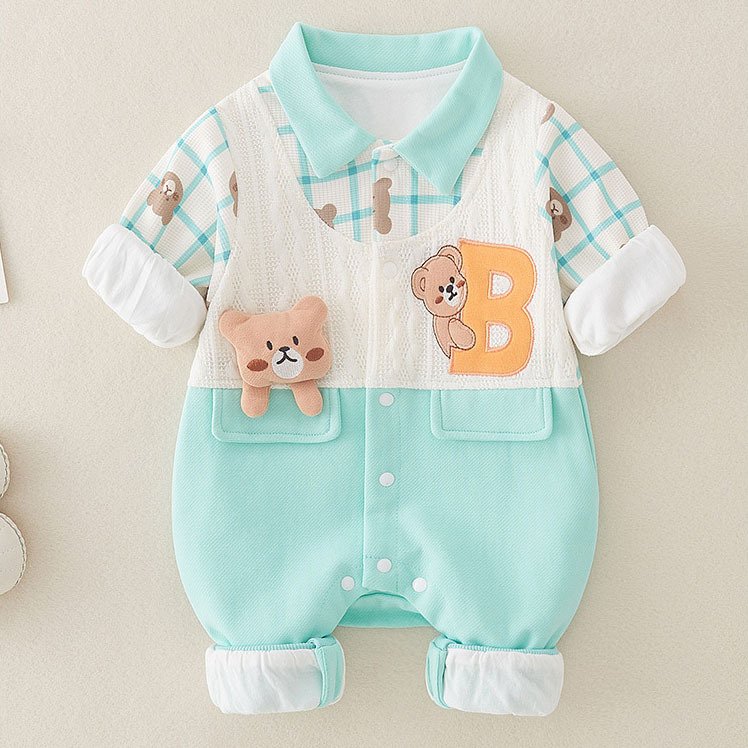 Cartoon Cute Plaid Bear Embroidery Romper-kissminis