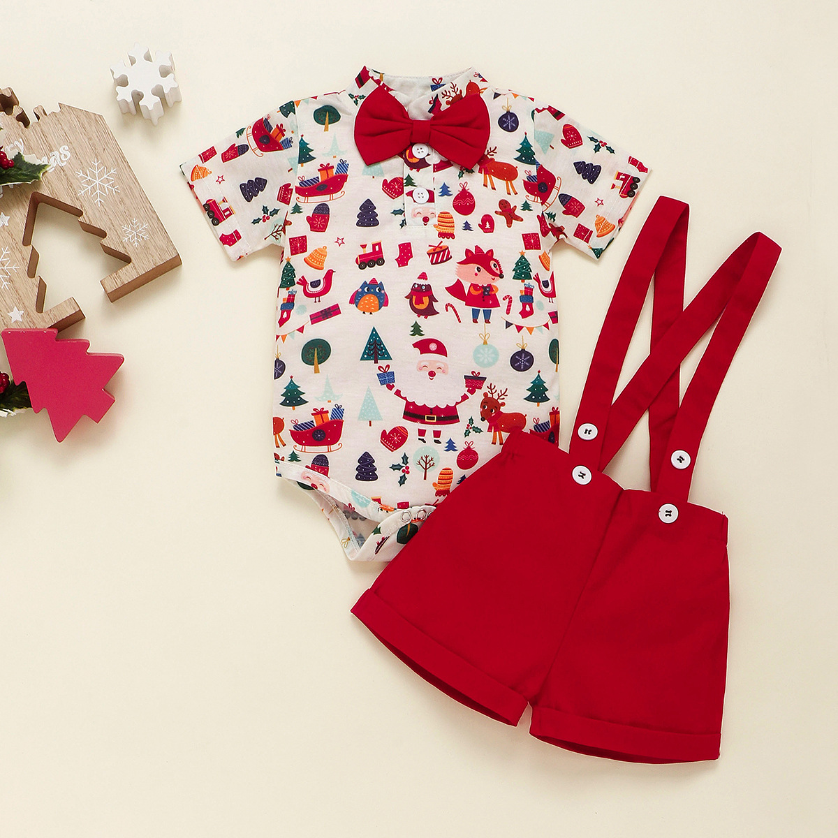 2pcs Baby Boy Christmas Cartoon Print Bow Tie Short Sleeve Romper with Bib Pants Set-kissminis
