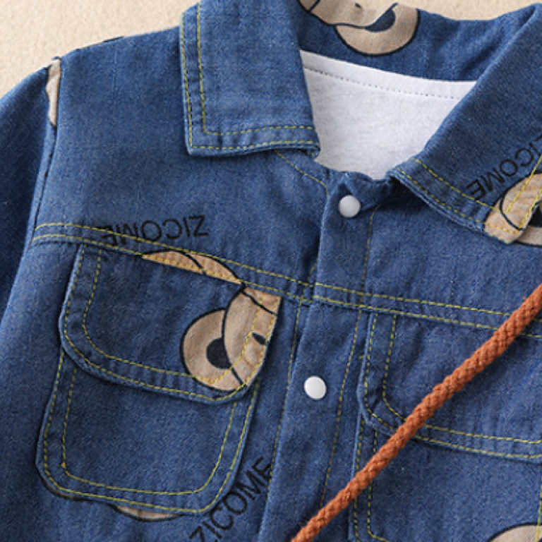 Baby Boy/Girl Allover Bear Print Polo Collar Long Sleeve Denim Fashion Romper