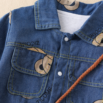 Baby Boy/Girl Allover Bear Print Polo Collar Long Sleeve Denim Fashion Romper