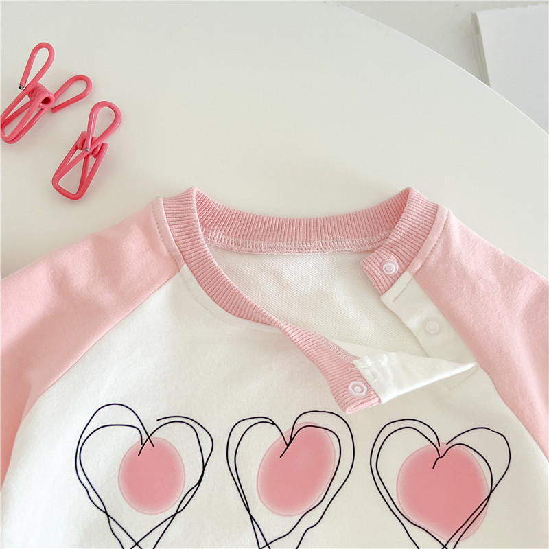 Baby Girl Heart Print Graphic Fluff Block Color Long Sleeve Romper
