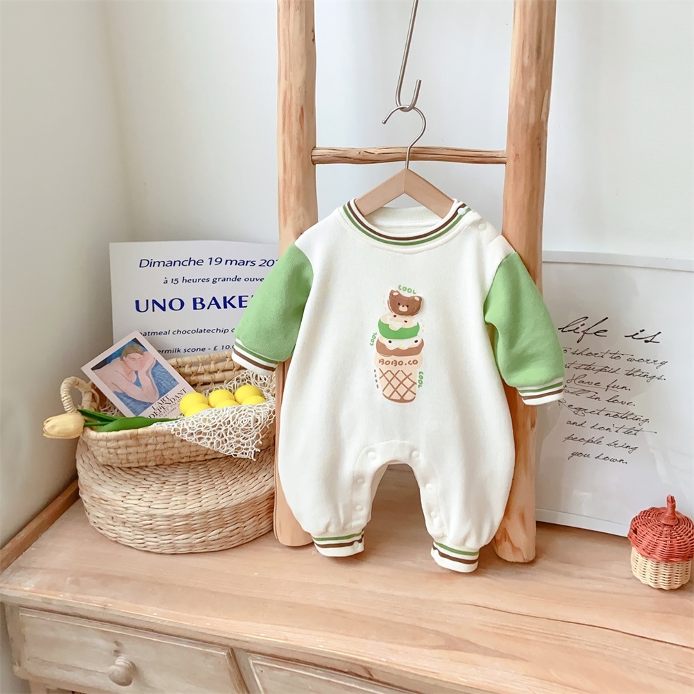 Baby Boy/Girl Bear Patch and Ice Cream Print Long Sleeve Romper-kissminis