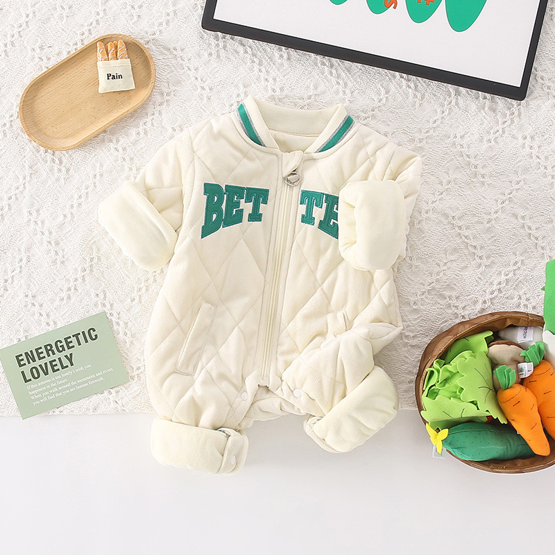 Baby Boy/Girl Letter Embroidery Long Sleeve Fluff Zipper Romper-kissminis