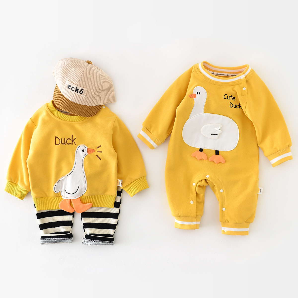 Baby Cute Duck Graphic Long Sleeve Romper and Sweatshirt-kissminis