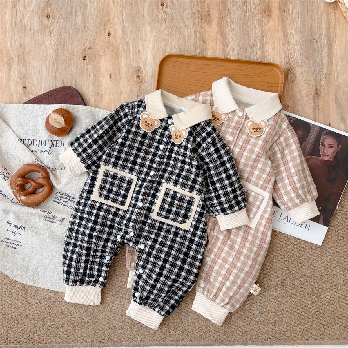 Bear-shaped Collar Decorations Gingham Romper