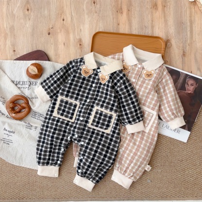 Bear-shaped Collar Decorations Gingham Romper