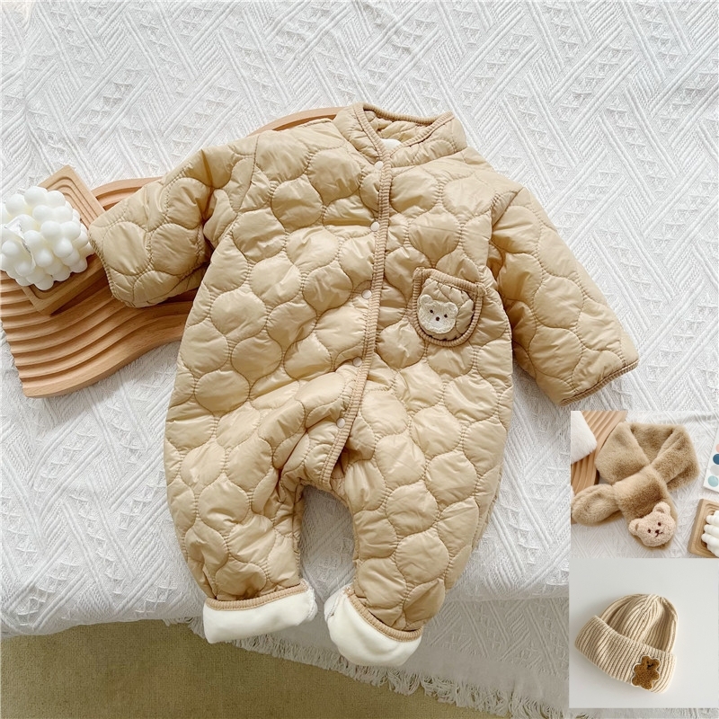 3pcs Baby Boy/Girl Cute Bear Pattern Pocket Solid Color Fluff Long Sleeve Romper with 1 Hat and 1 Scarf-kissminis