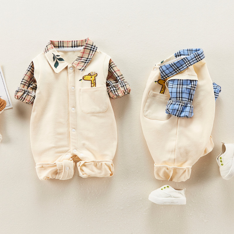 Baby Boy/Girl Giraffe Embroidery Plaid Long Sleeve Romper-kissminis