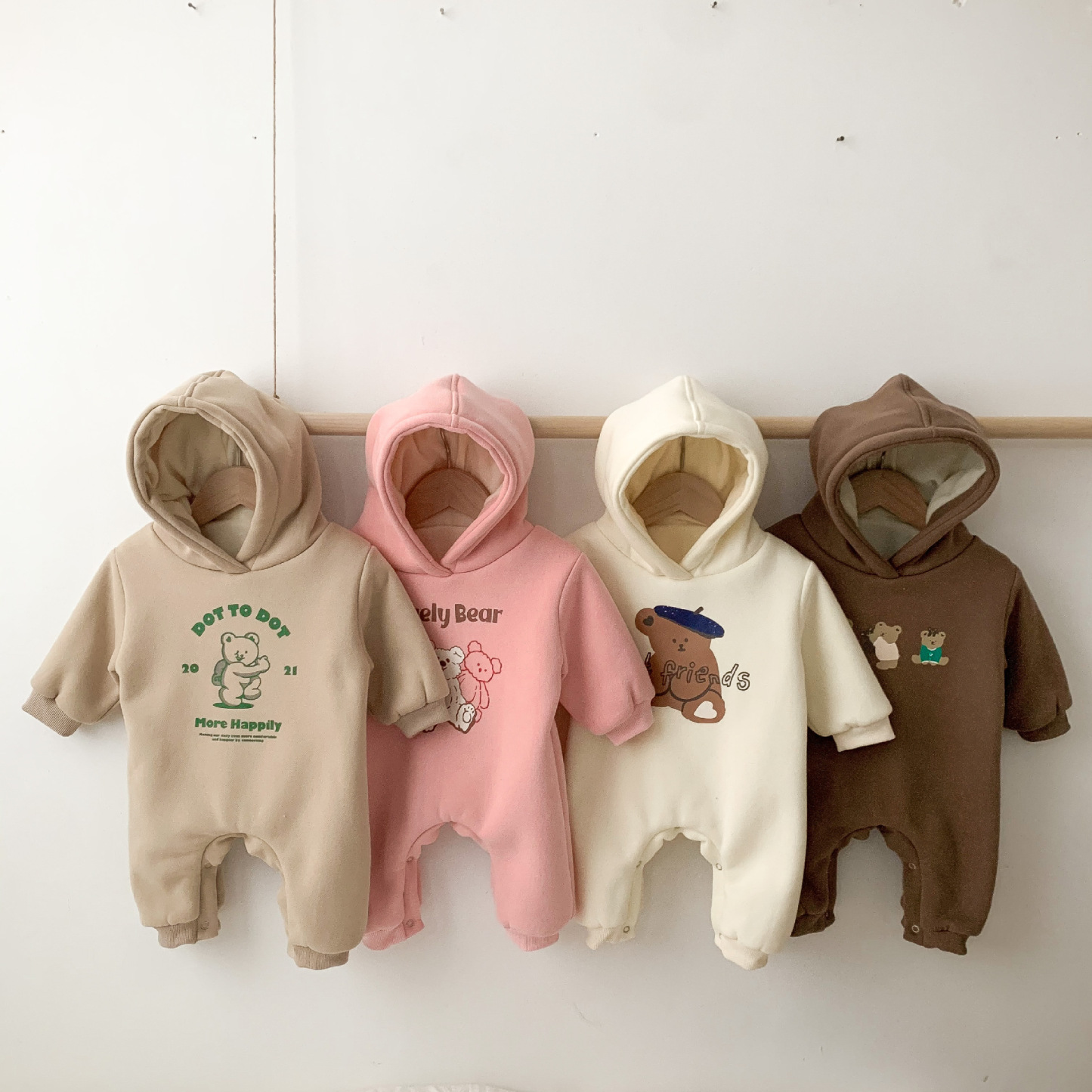 Baby Bear and Letter Pattern Solid Color Hooded Romper-kissminis