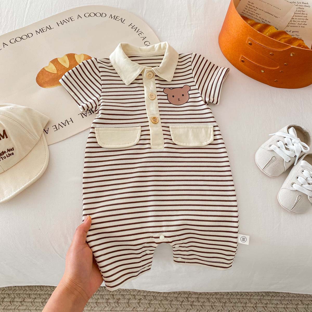 Baby Polo Neck Striped Bear Pattern Romper-kissminis