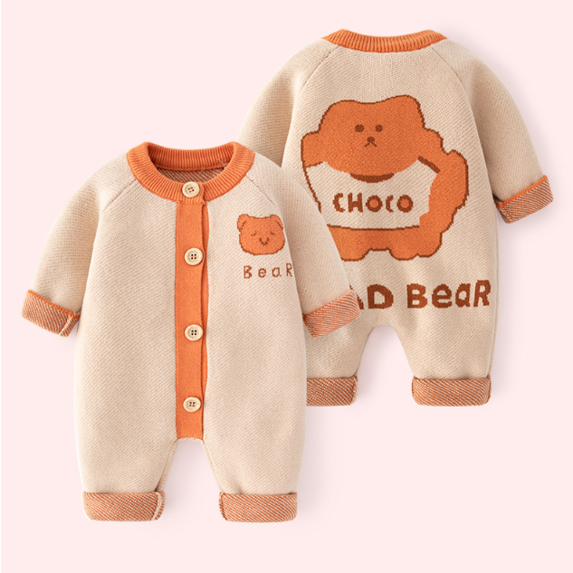 Baby Boy/Girl Cute Bear Pattern Solid Color Knitted Long Sleeve Romper-kissminis