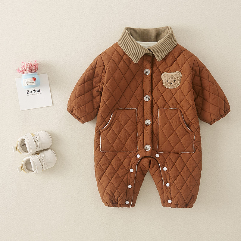 Baby Boy & Girl Cartoon Bear Graphic Thicken Long Sleeve Romper-kissminis