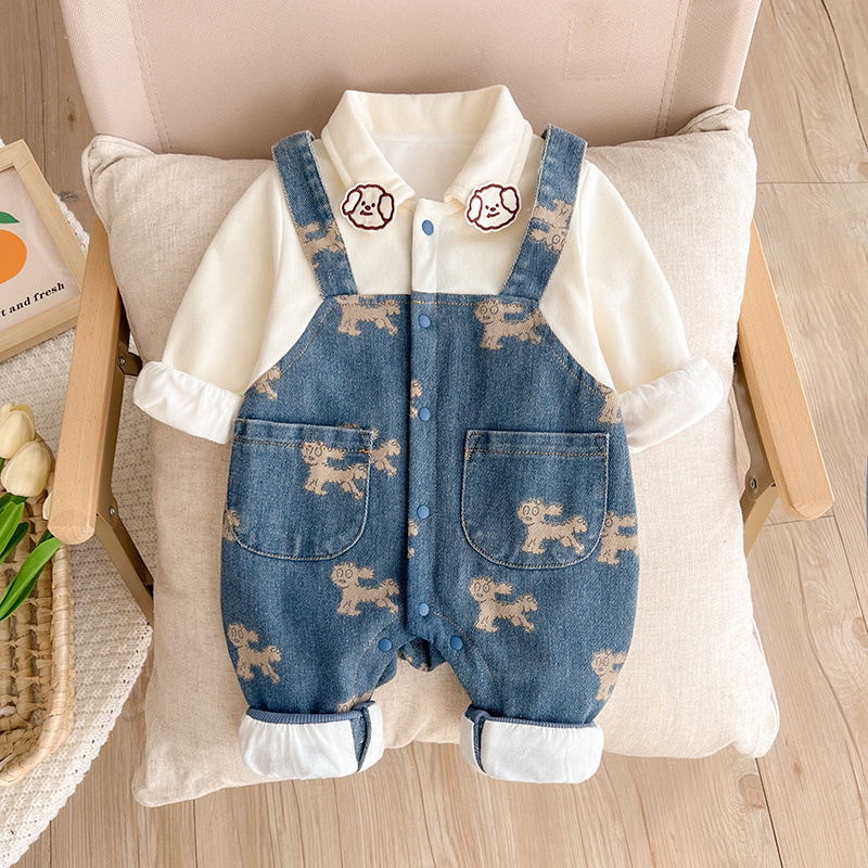 Baby Boy Allover Cute Puppy Pattern Single Breasted Fake Two Pieces Long Sleeve Romper-kissminis