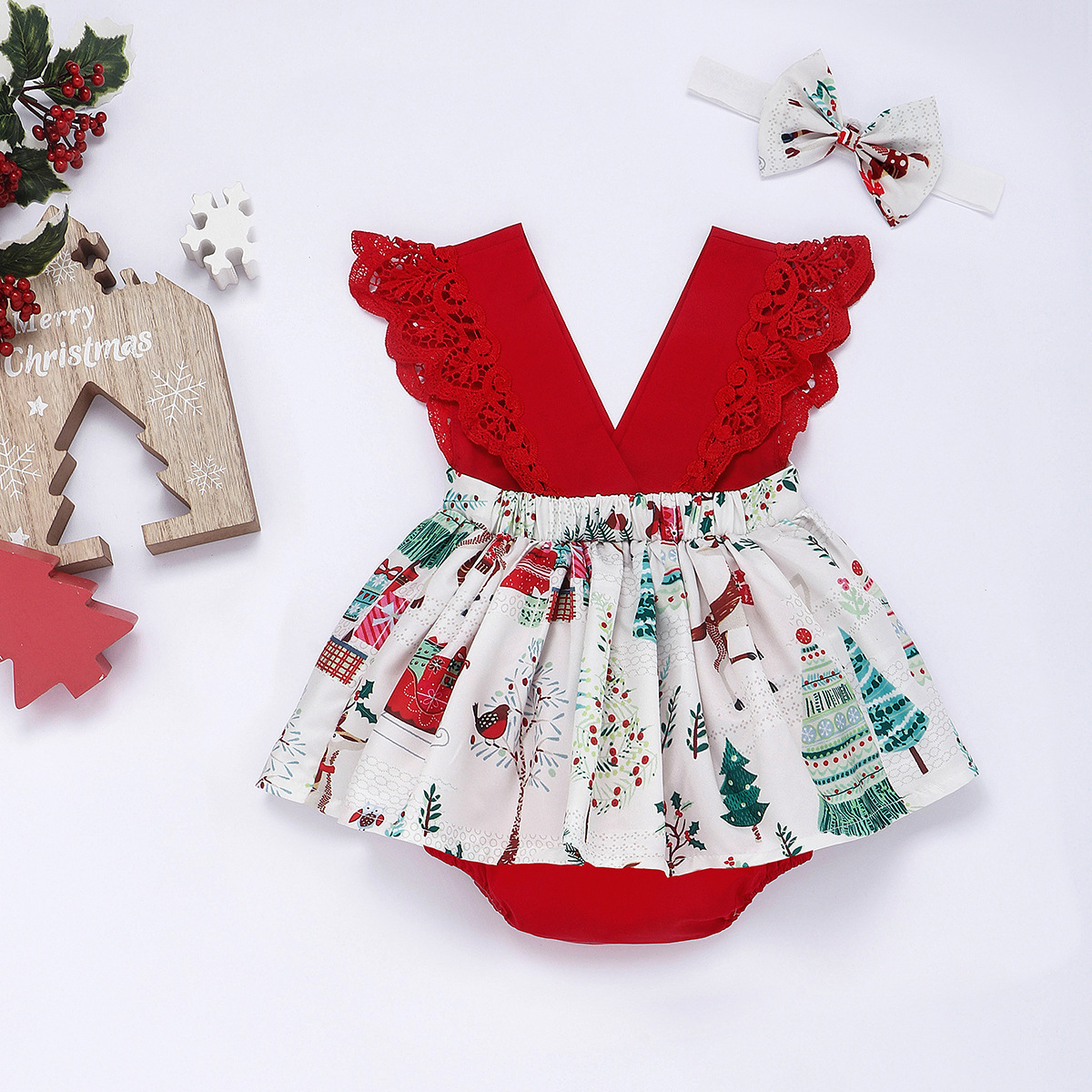 2pcs Baby Girl Christmas Cartoon Lace Sleeveless Romper with Hair Band Set-kissminis