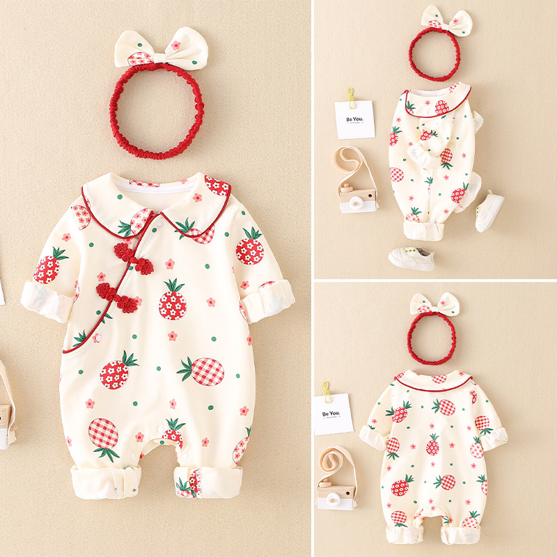 2pcs Baby Girl Allover Red Pineapple Print Plate Buckle Ruffle Flounce Casual Romper with Hairband Set
