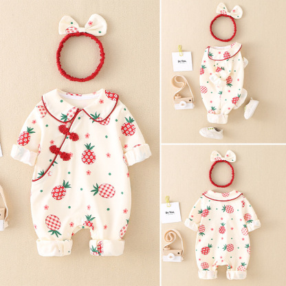 2pcs Baby Girl Allover Red Pineapple Print Plate Buckle Ruffle Flounce Casual Romper with Hairband Set