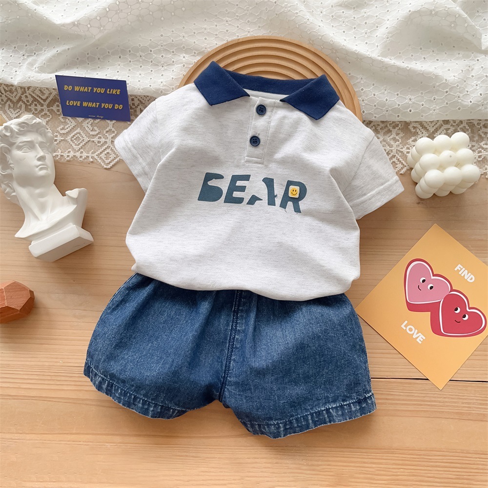 2pcs Baby Boy Bear Print Polo Style T-shirt with Pant Set-kissminis