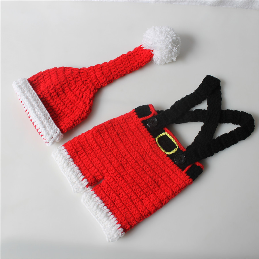 Newborn Baby Christmas Theme Photo Shoot Knitted Bib Pants and Hat Set-kissminis