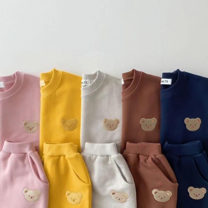Toddler Boy/Girl Embroideried Mini Bear Solid Color Sweatshirt Set