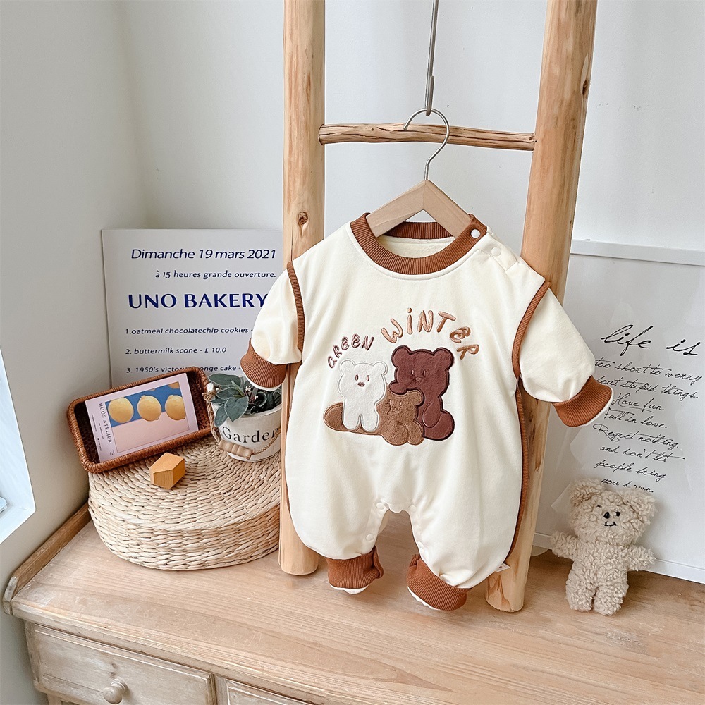 Baby Boy Winter Bear and Letter Patch Long Sleeve Fluff Romper-kissminis