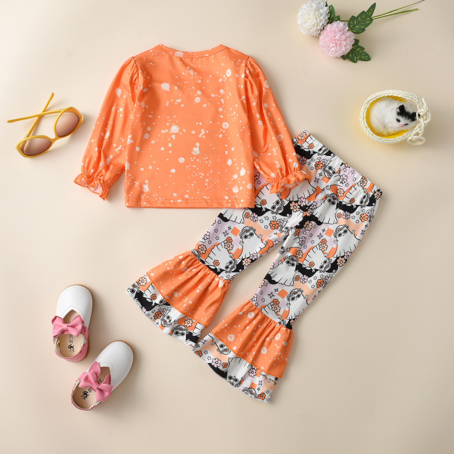 2pcs Toddler Girl Halloween Pumpkin and Ghost Print Bowknot Long Sleeve Tops and Bell Bottoms Set-kissminis