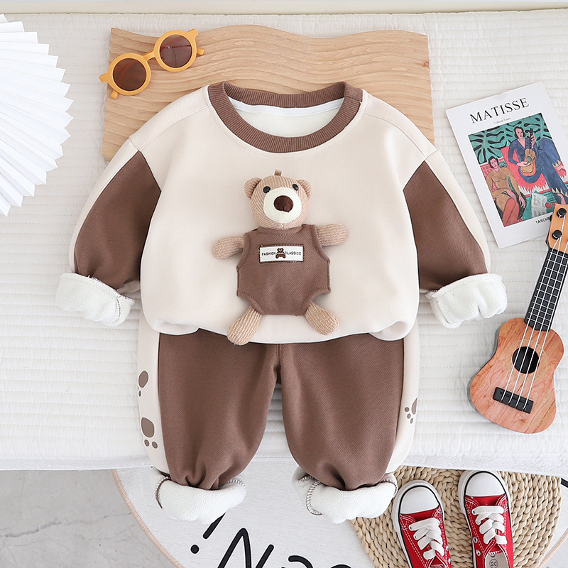 Toddler Boy/Gir Bear Plus Velvet Warm Pullover Two Piece Set-kissminis