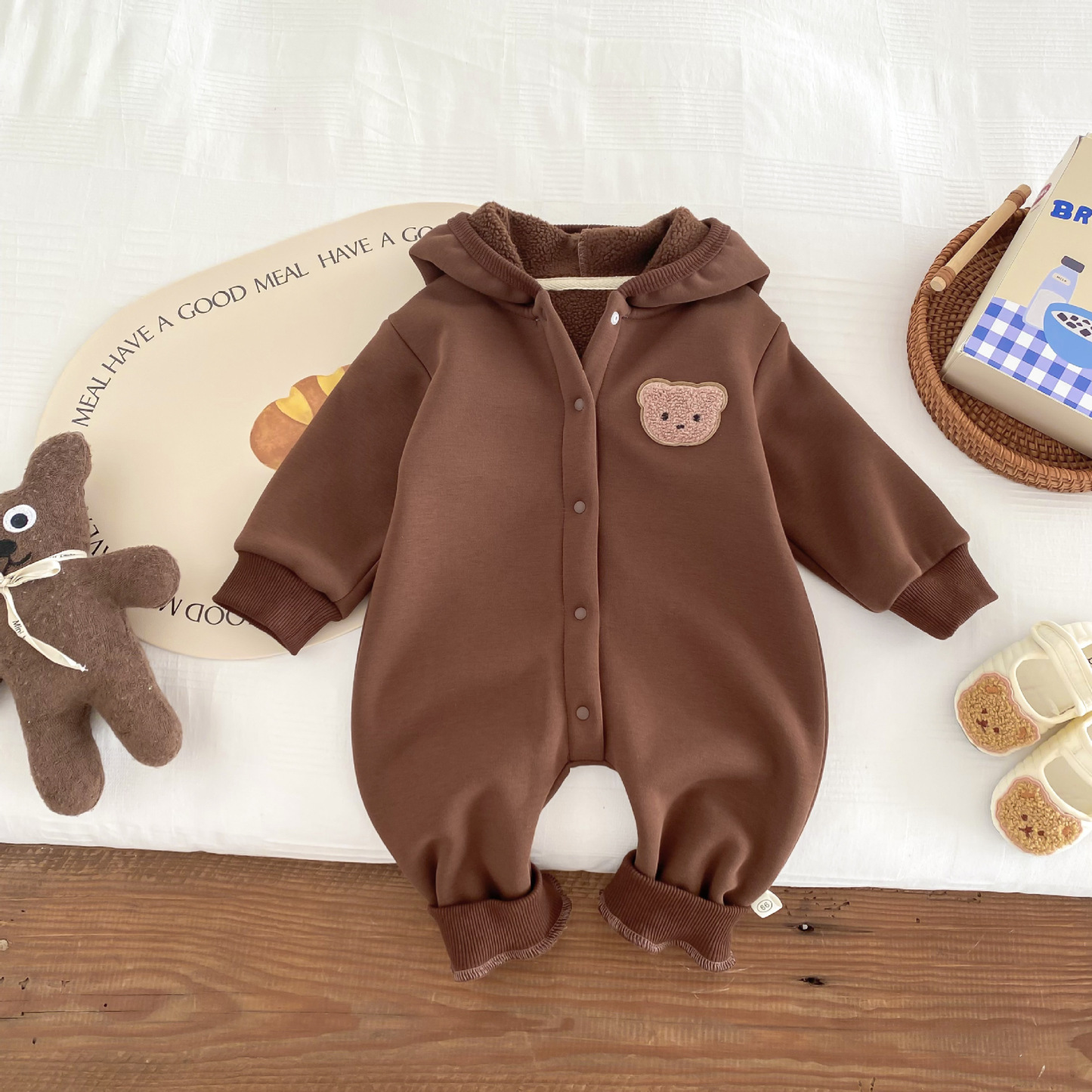 Baby Boy/Girl Bear Design Animal Graphic Simple Hooded Solid Color Long Sleeve Hooded Romper-kissminis