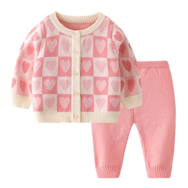 2pcs Baby Toddler Girl Cute Heart Graphic Plaid Knit Tops and Pants Set-kissminis