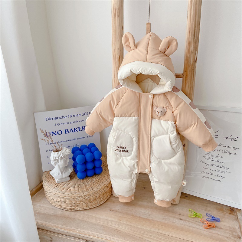 Baby Boy Winter Bear Patch Long Sleeve Hooded Cotton-padded Fluff Romper-kissminis