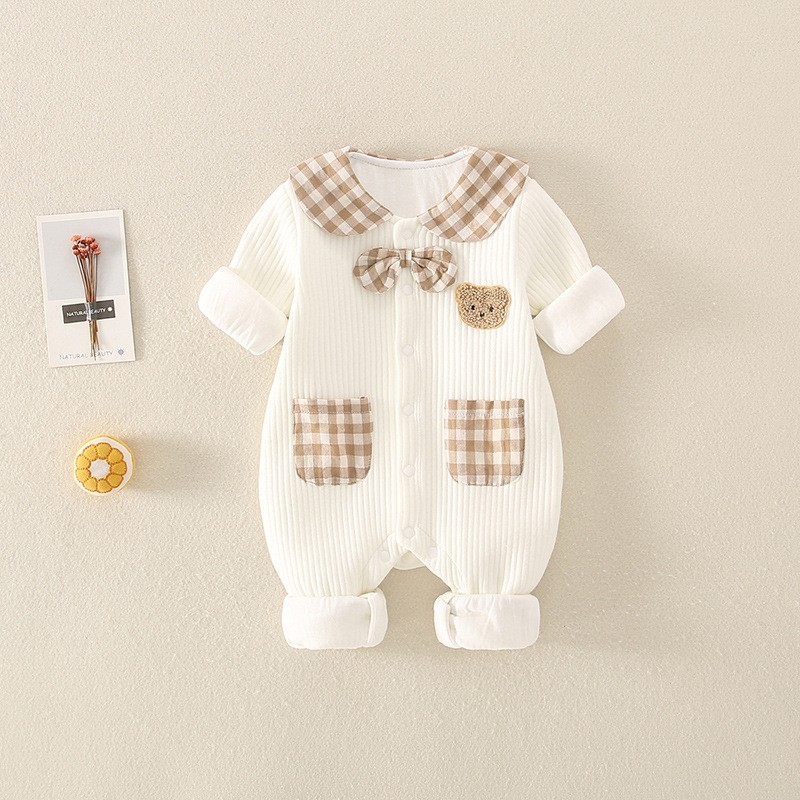 Baby Boy/Girl Embrioderied Bear Gingham Bowknot and Pocket Solid Color Long Sleeve Romper