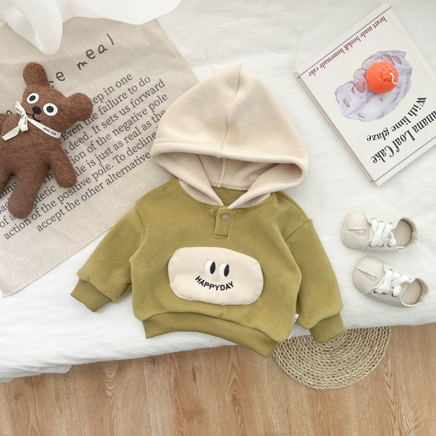Baby Toddler Boy/Girl Cute Smile Face Design Solid Color Long Sleeve Hooded Sweatshirt-kissminis