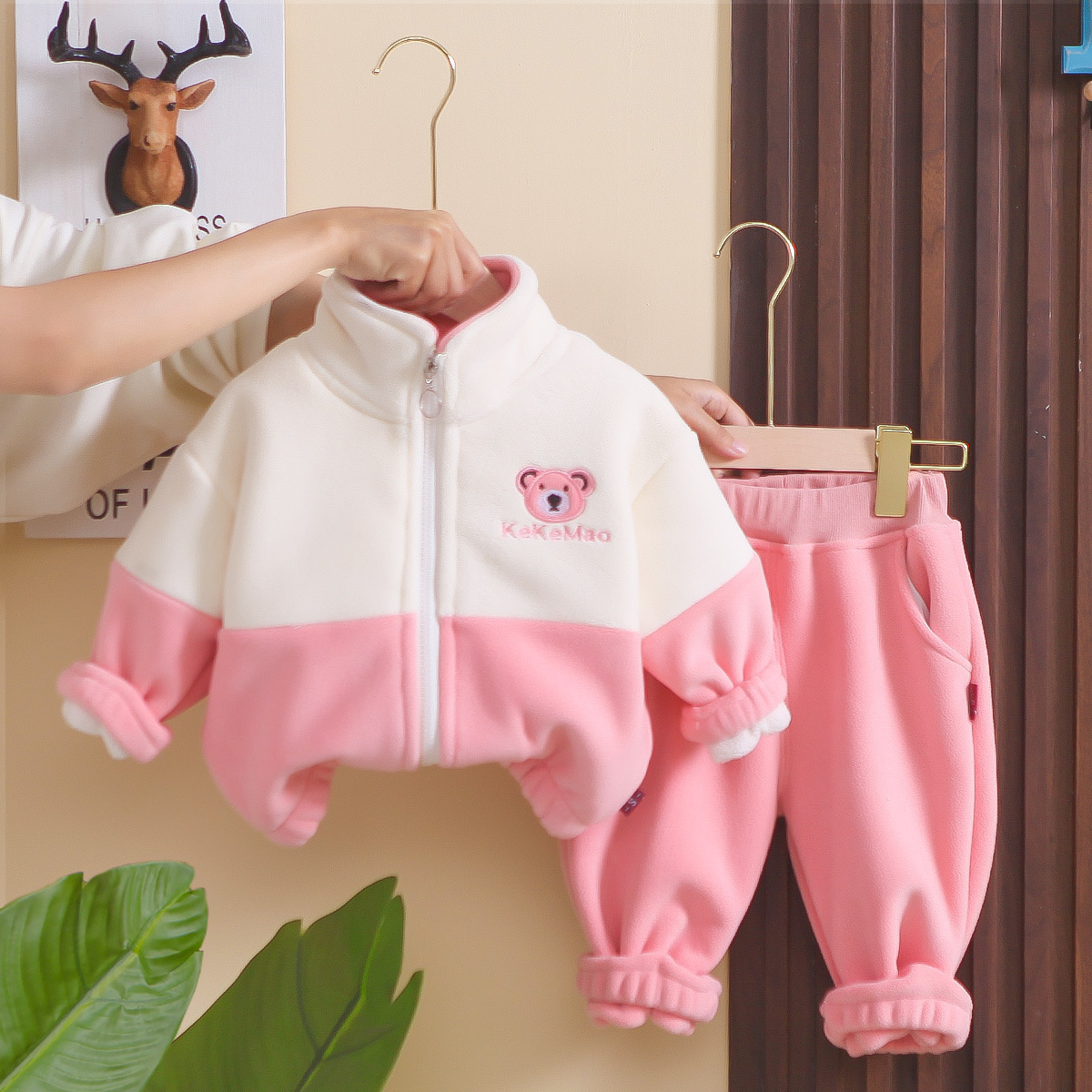 Toddler Boy Cute Bear Pattern Stand Collar Zipper Cardigan Three Piece Set-kissminis