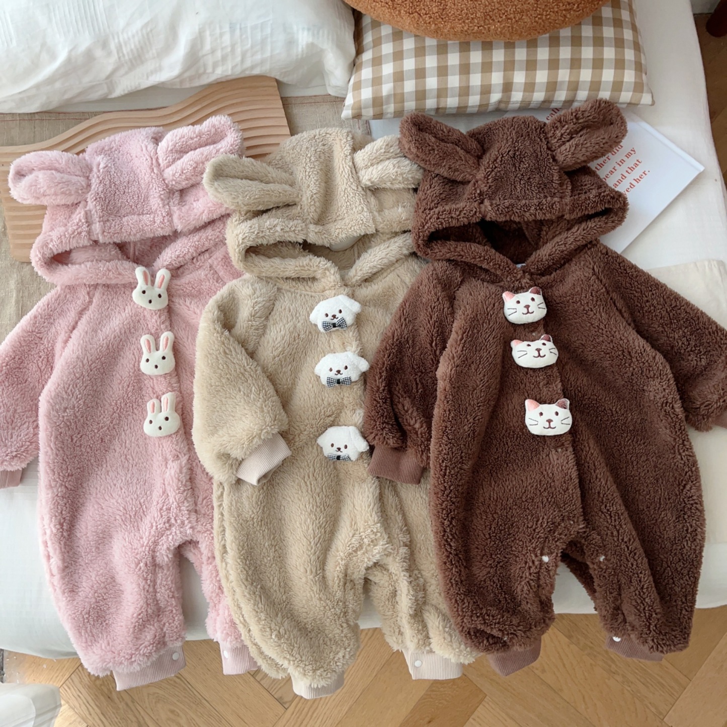Baby Boy/Girl Ears Design Animal Graphic Solid Color Fleece Long Sleeve Hooded Romper-kissminis