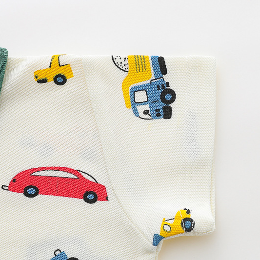 2pcs Vehicle Print Shirt with Green Collar Polo Short Sleeve Shorts Set