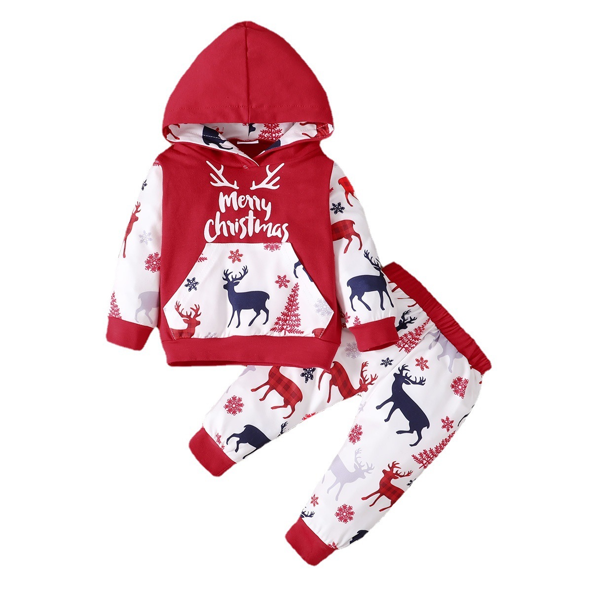 2pcs Baby Boy/Girl Christmas Elk Pine Snowman Print Long Sleeve Hooded Tops and Pants Set-kissminis