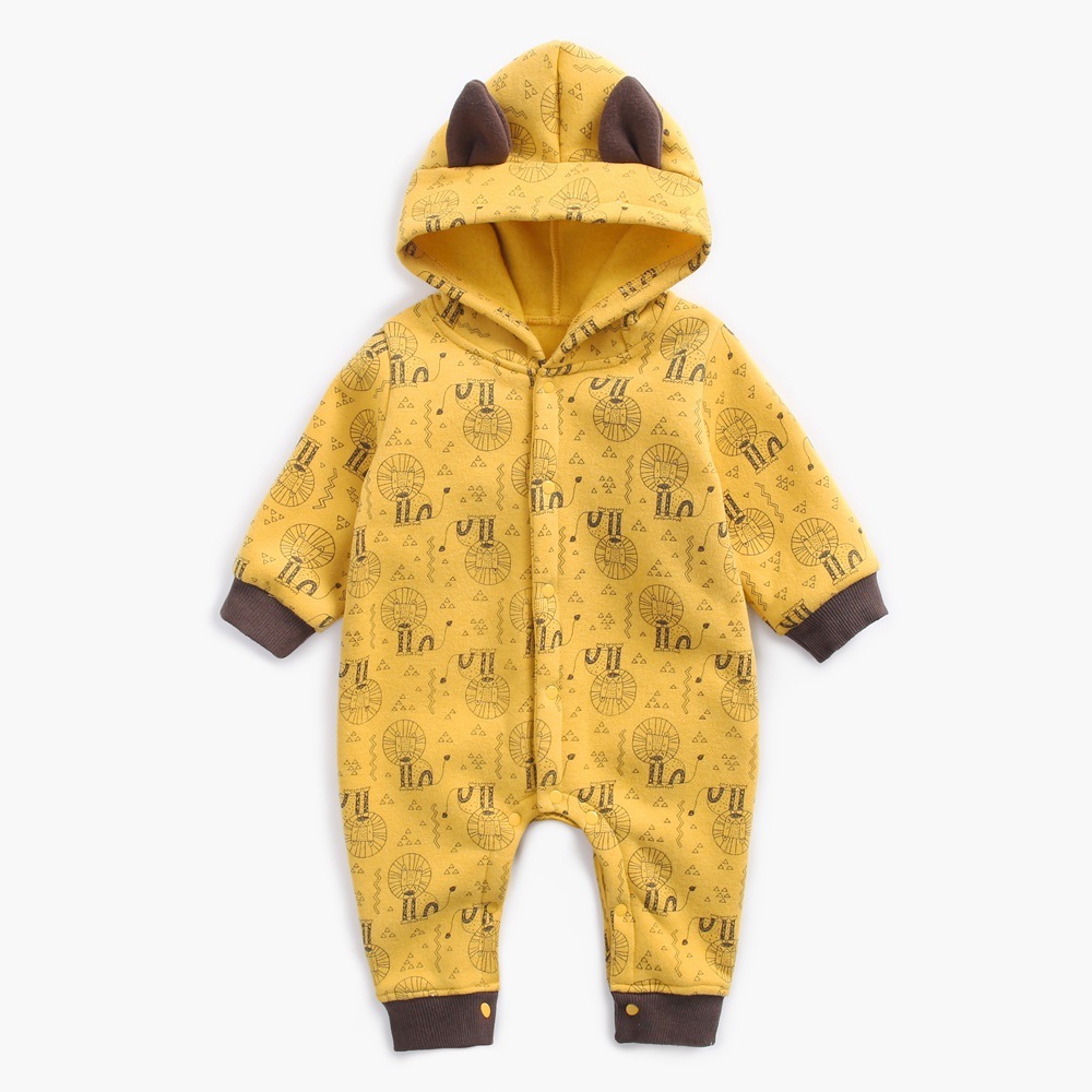 Baby Boy Allover Animal Pattern Thicken Long Sleeve Hooded Romper-kissminis