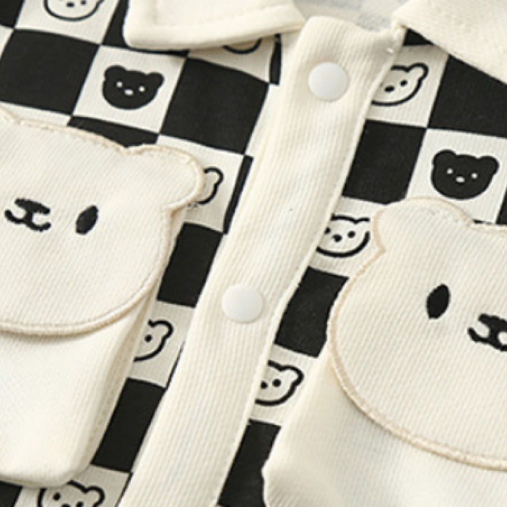 Baby Boy/Girl Gingham White Black Bear Graphic Long Sleeve Romper-kissminis
