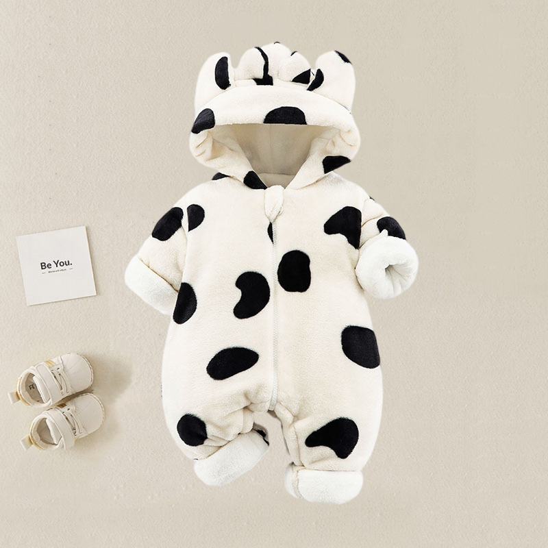 Baby Boy/Girl Winter Thickened Cow Design Hooded Fluff Long Sleeve Romper-kissminis