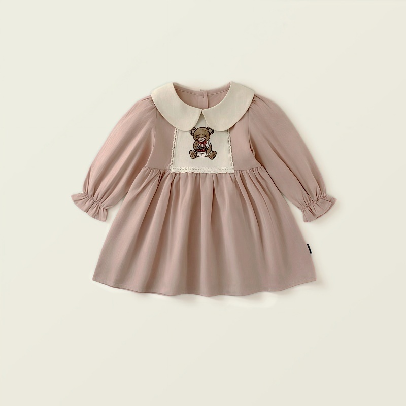 Baby Girl Babydoll Collar Bear Embroidery Long Sleeve Dress
